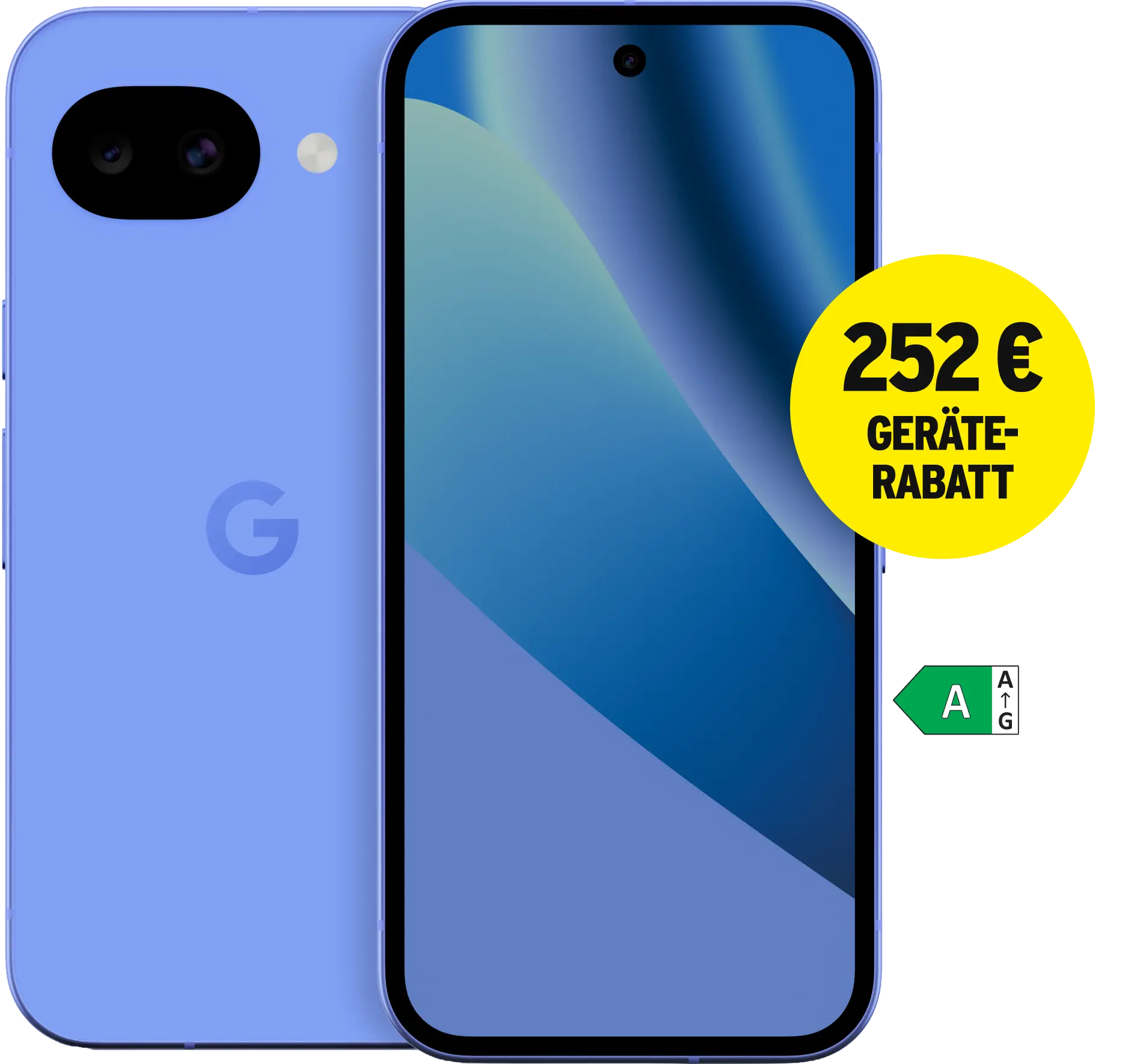 Vorder- und Rückansicht Google Pixel 10a Lavender. Energieeffizienzklasse A. 252 € Geräte-Rabatt.