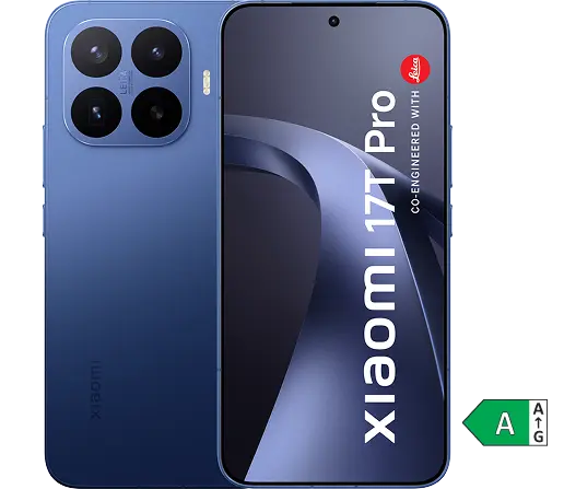 Vorder- und Rückansicht Xiaomi 17T Pro deep blue. Energieeffizienzklasse A.
