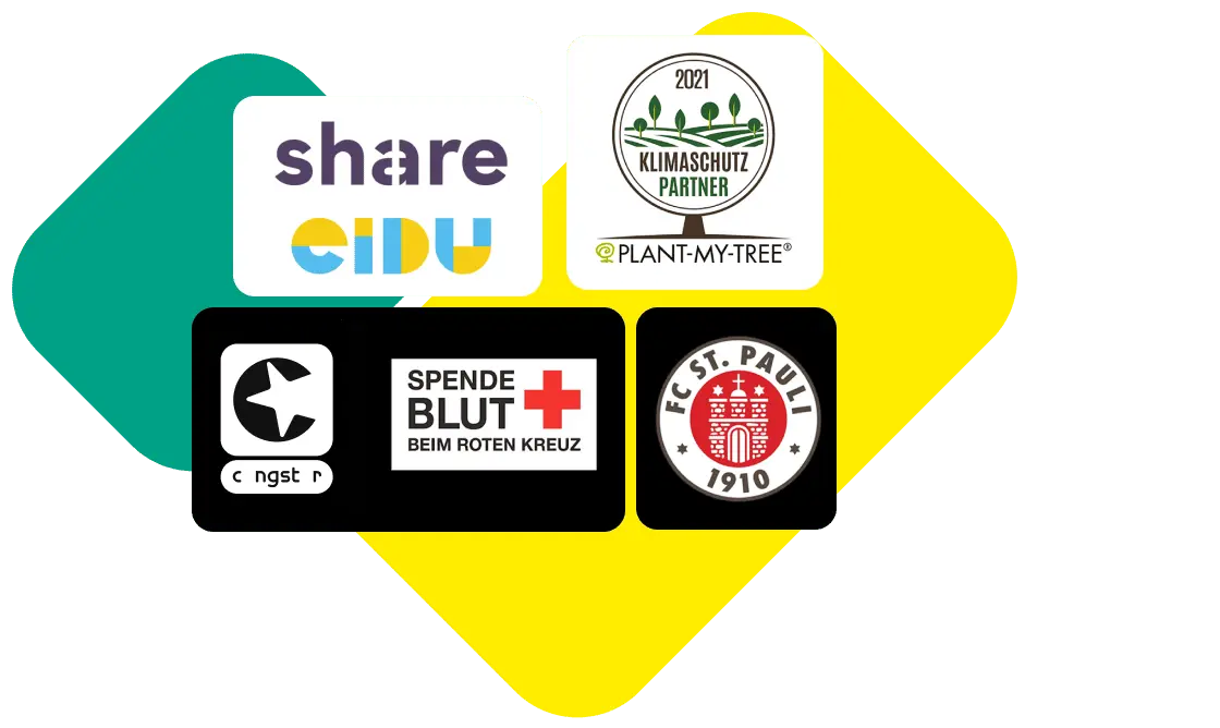 Von congstar unterstütze Organisationen mit Logos: share cidu, Klimaschutz Partner, Spende Blut beim Roten Kreuz und FC St. Pauli.