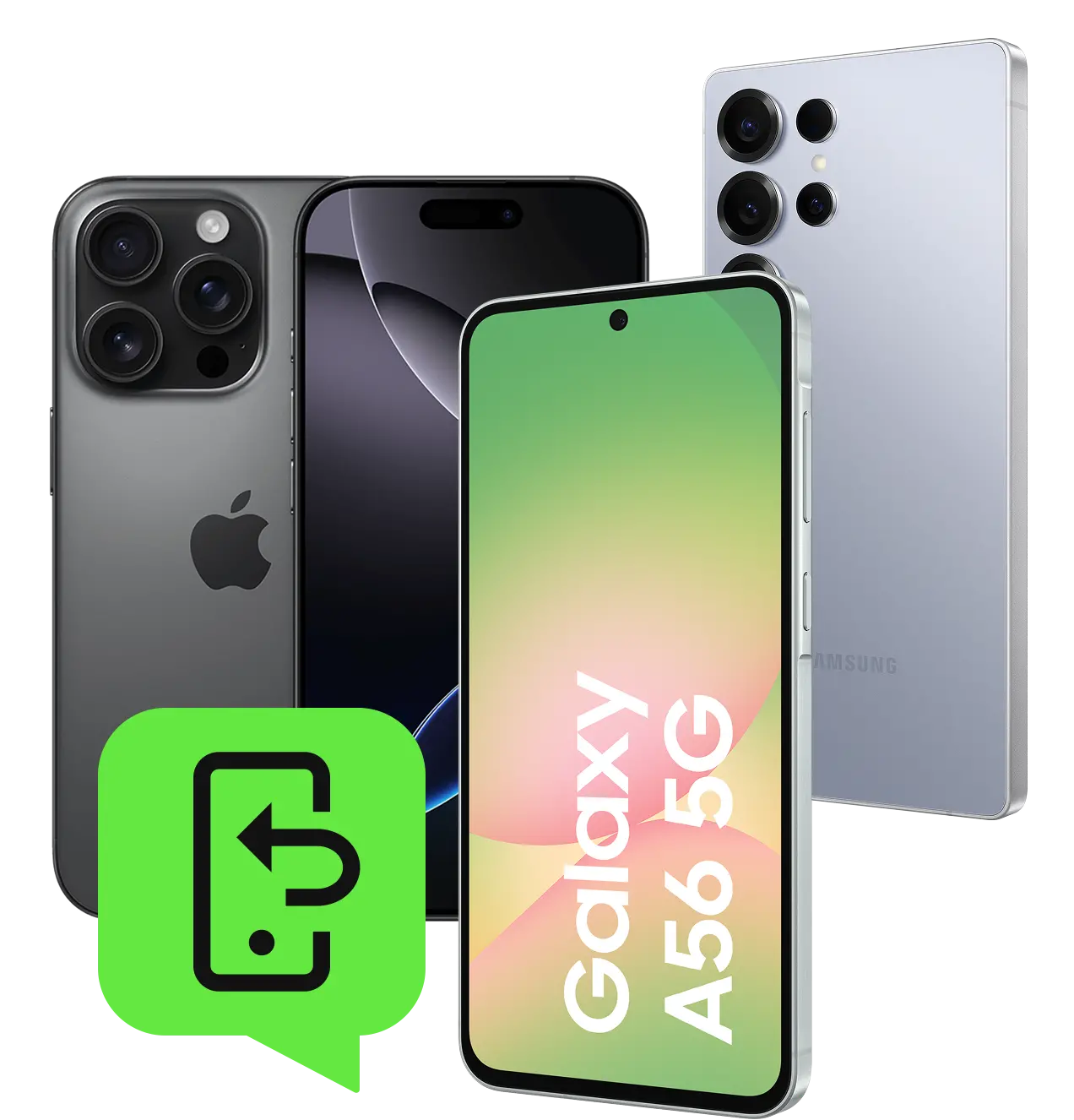 Drei Smartphones mit einem grünen Symbol, das einen Rückgabedeal darstellt.