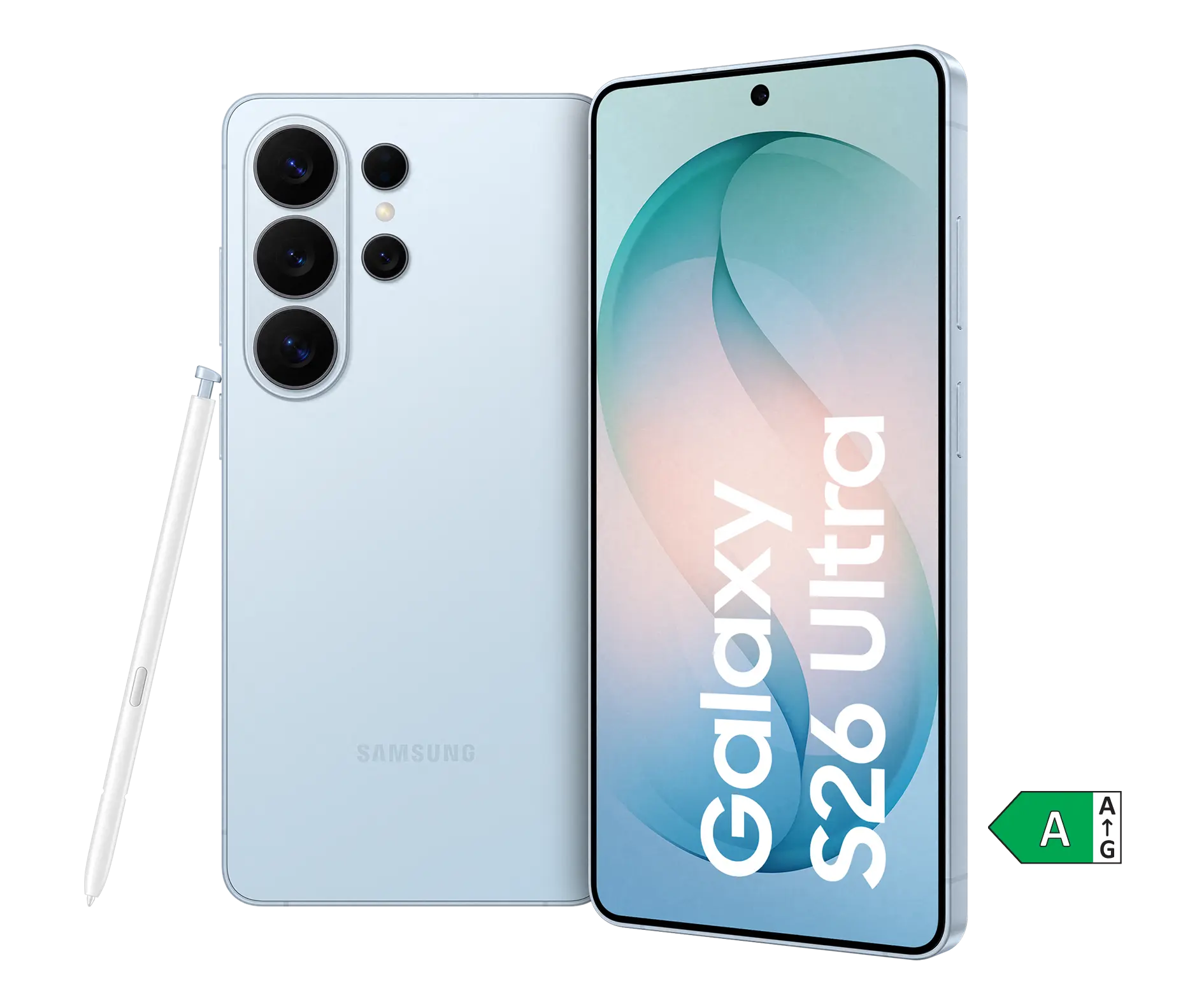 Vorder- und Rückansicht Samsung Galaxy S26 Ultra mit S-Pen. Energieeffizienzklasse A.