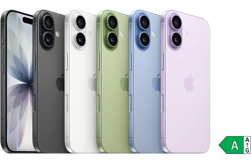 Sechs Apple iPhones in verschiedenen Farben nebeneinander aufgereiht, mit Energieeffizienzklasse A Siegel.