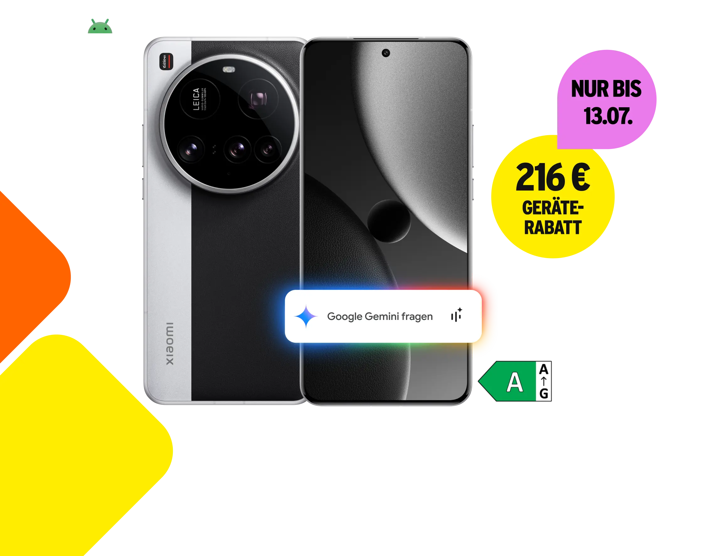 Xiaomi 15 Ultra mit Energieklasse A. 216 € Geräterabatt. Nur bis zum 13. Juli.