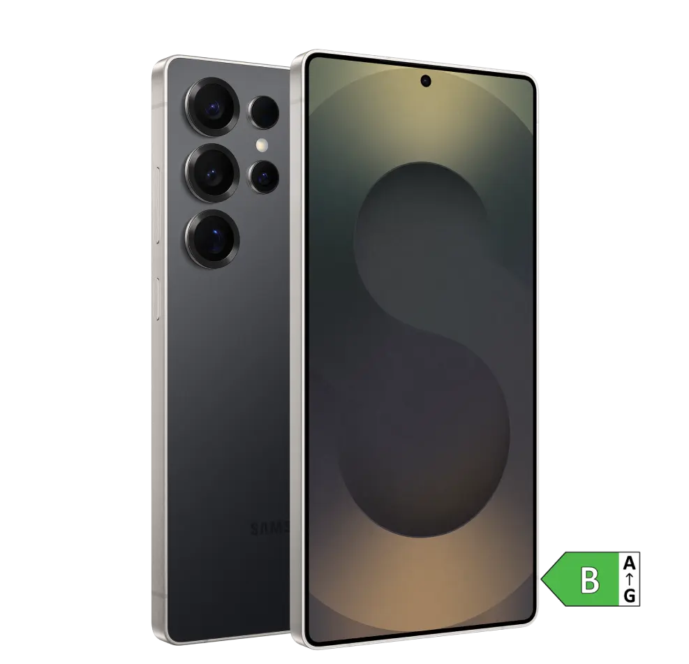 Vorder- und Rückansicht Samsung Galaxy S25 Ultra. Energieeffizienzklasse B.