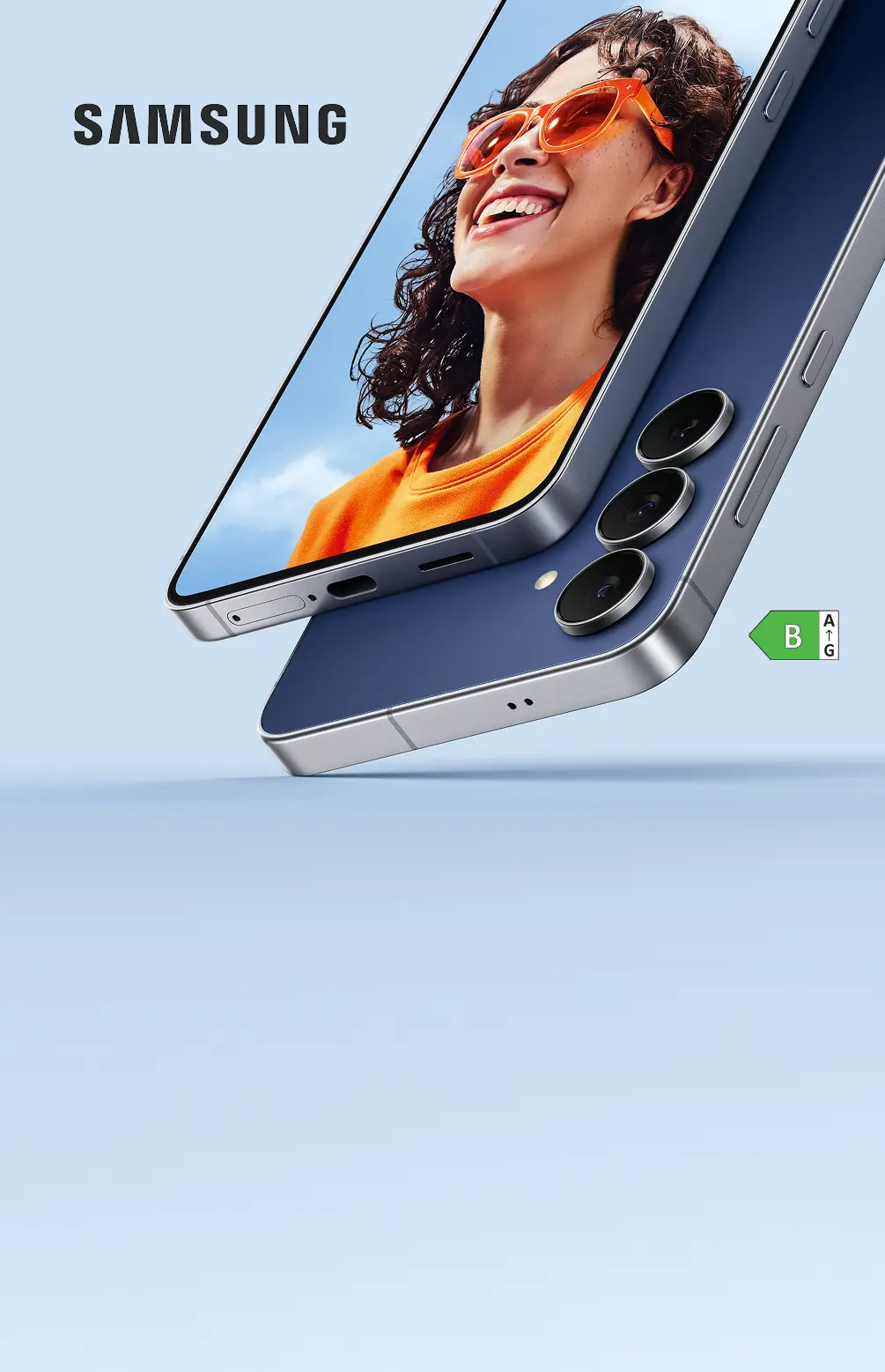 Abbildung Samsung Galaxy S25 FE. Energieeffizienzlabel Klasse B.