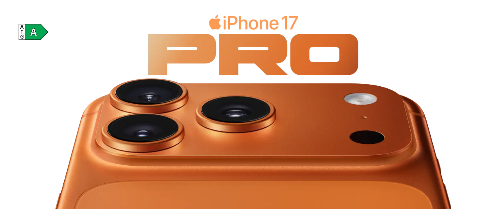Kameramodul des iPhone 17 Pro, orange. Energieeffizienzklasse A.