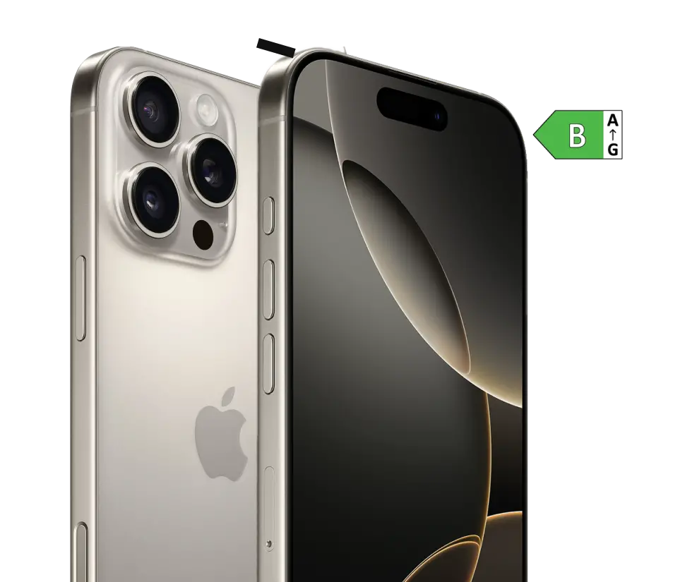 Seitliche Vorder- und Rückansicht iPhone 16 Pro Max. Energieeffizienzklasse B.