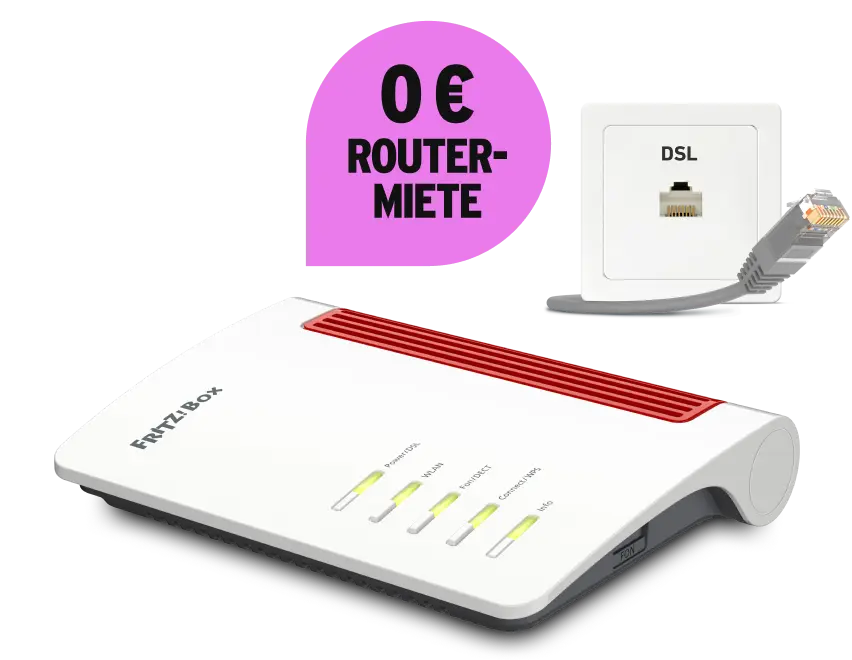 FRITZ!Box 7530 Router mit leuchtenden Status-LEDs, daneben eine DSL-Wandsteckdose mit der Aufschrift „DSL“ und ein graues DSL-Kabel mit Stecker. 0 € Routermiete.