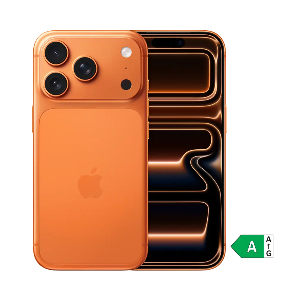Vorder- und Rückansicht Apple iPhone 17 Pro. Energieeffizienzklasse A.