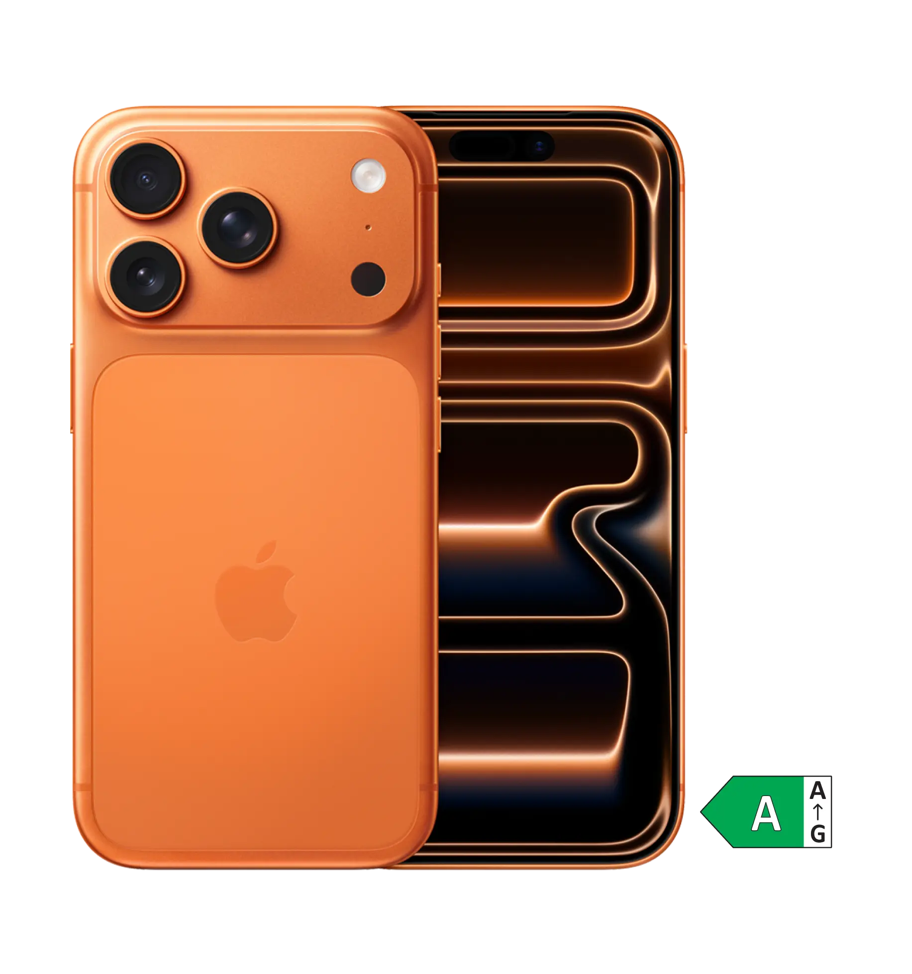 Vorder- und Rückansicht Apple iPhone 17 Pro. Energieeffizienzklasse A.