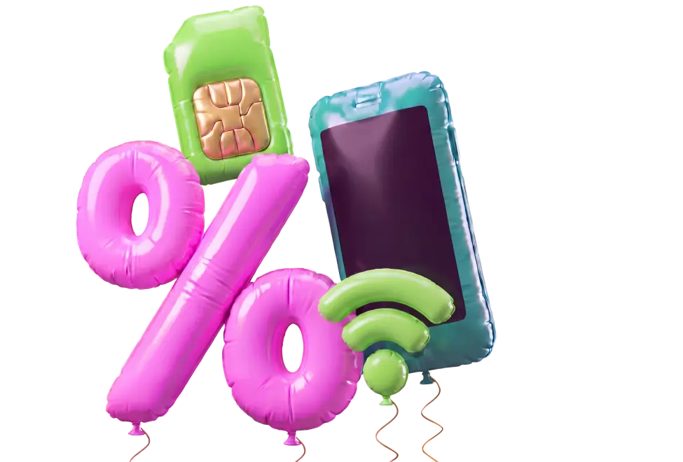 Luftballons in Form von SIM-Karte, Smartphone, WLAN-Symbol und Prozentzeichen, AI-generiert