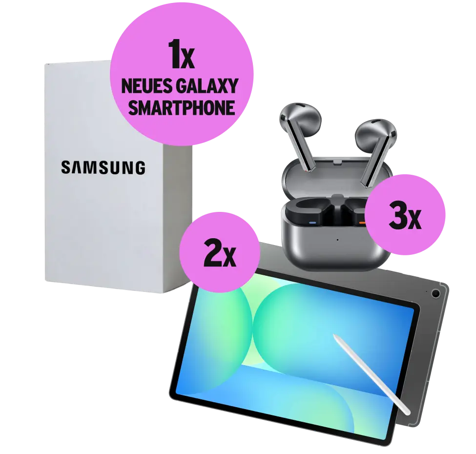 3x Samsung Galaxy Buds3, 2x Samsung Galaxy Tab S10 FE+, 1x Neues Galaxy Smartphone