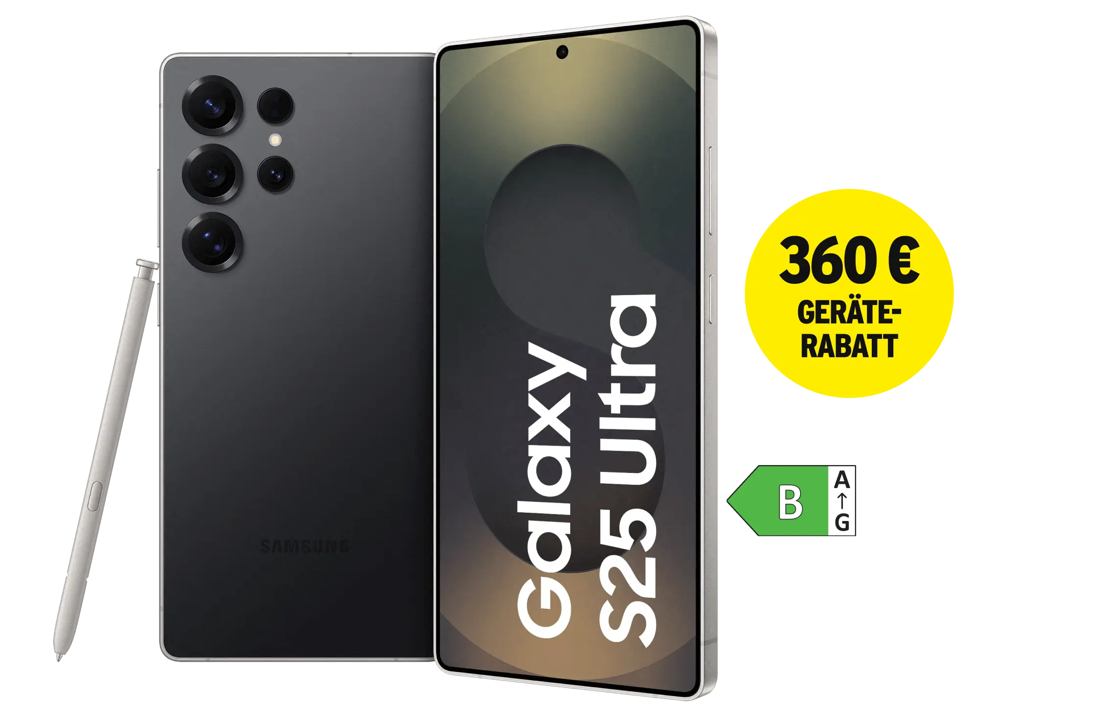 Samsung Galaxy S25 Ultra. Energieeffizienzklasse B. 360 € Geräte-Rabatt.