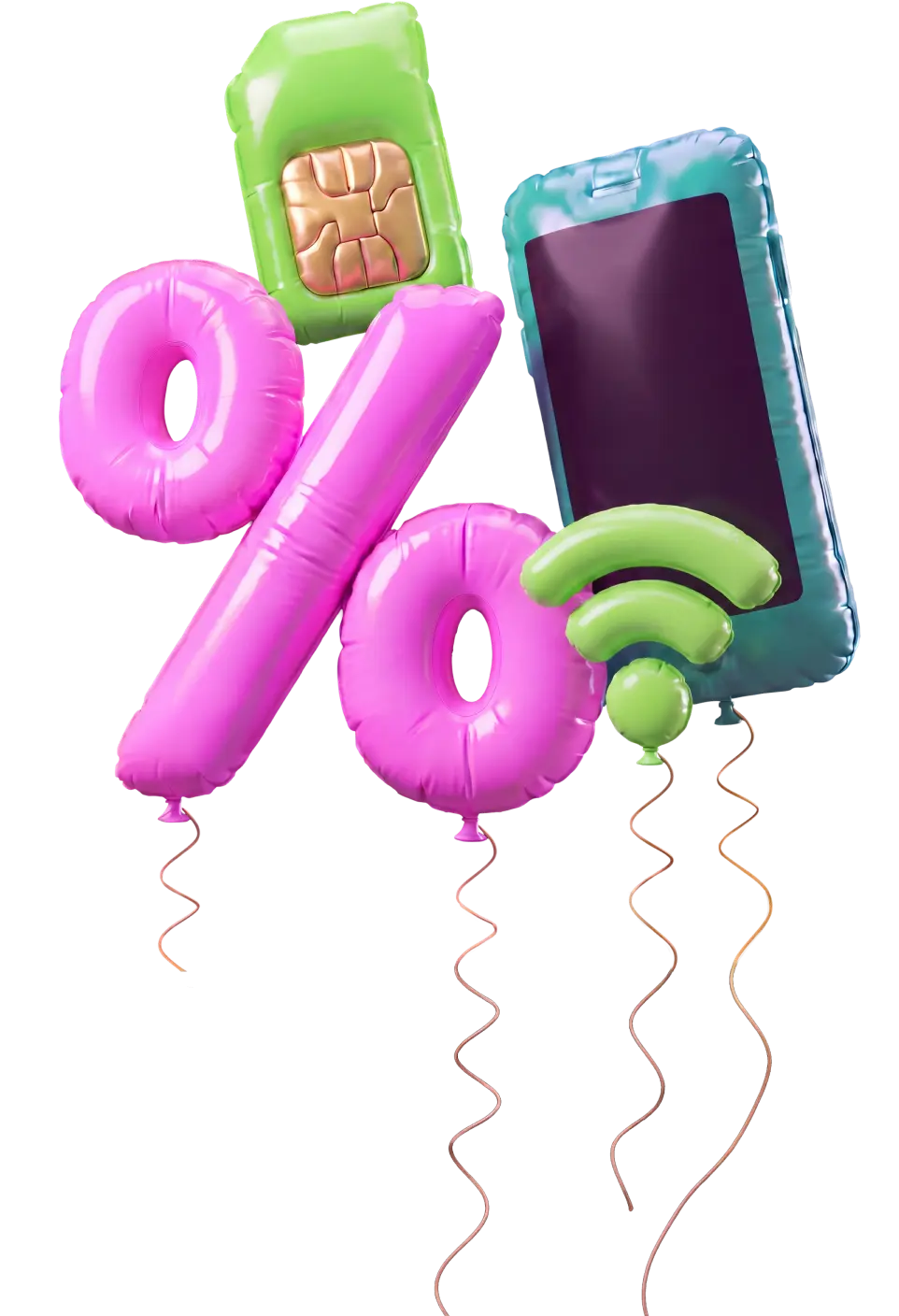 Luftballons in Form von SIM-Karte, Smartphone, WLAN-Symbol und Prozentzeichen, AI-generiert