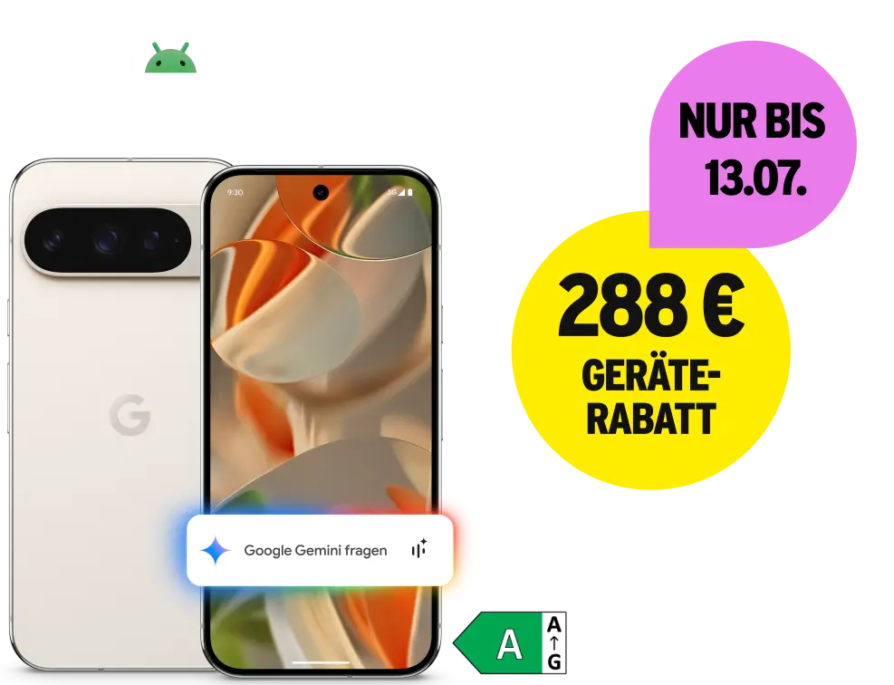 Google Pixel 9 Pro mit Energieklasse A. 288 € Geräterabatt. Nur bis zum 13. Juli.
