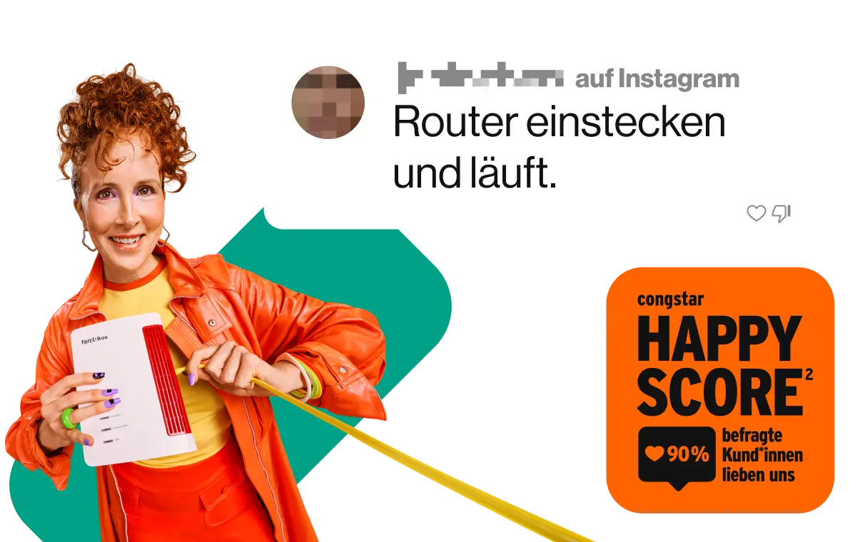 Ein Social Media Kommentar auf Instagram: "Router einstecken und läuft." congstar Happy Score Badge². 90 % befragte Kund*innen lieben uns.