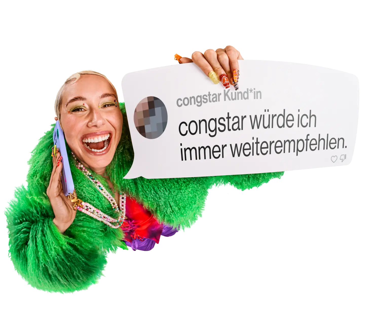 Eine Sprechblase, die den Text "congstar würde ich immer weiterempfehlen" enthält. Dieser Kommentar stammt von einer congstar Kund*in.