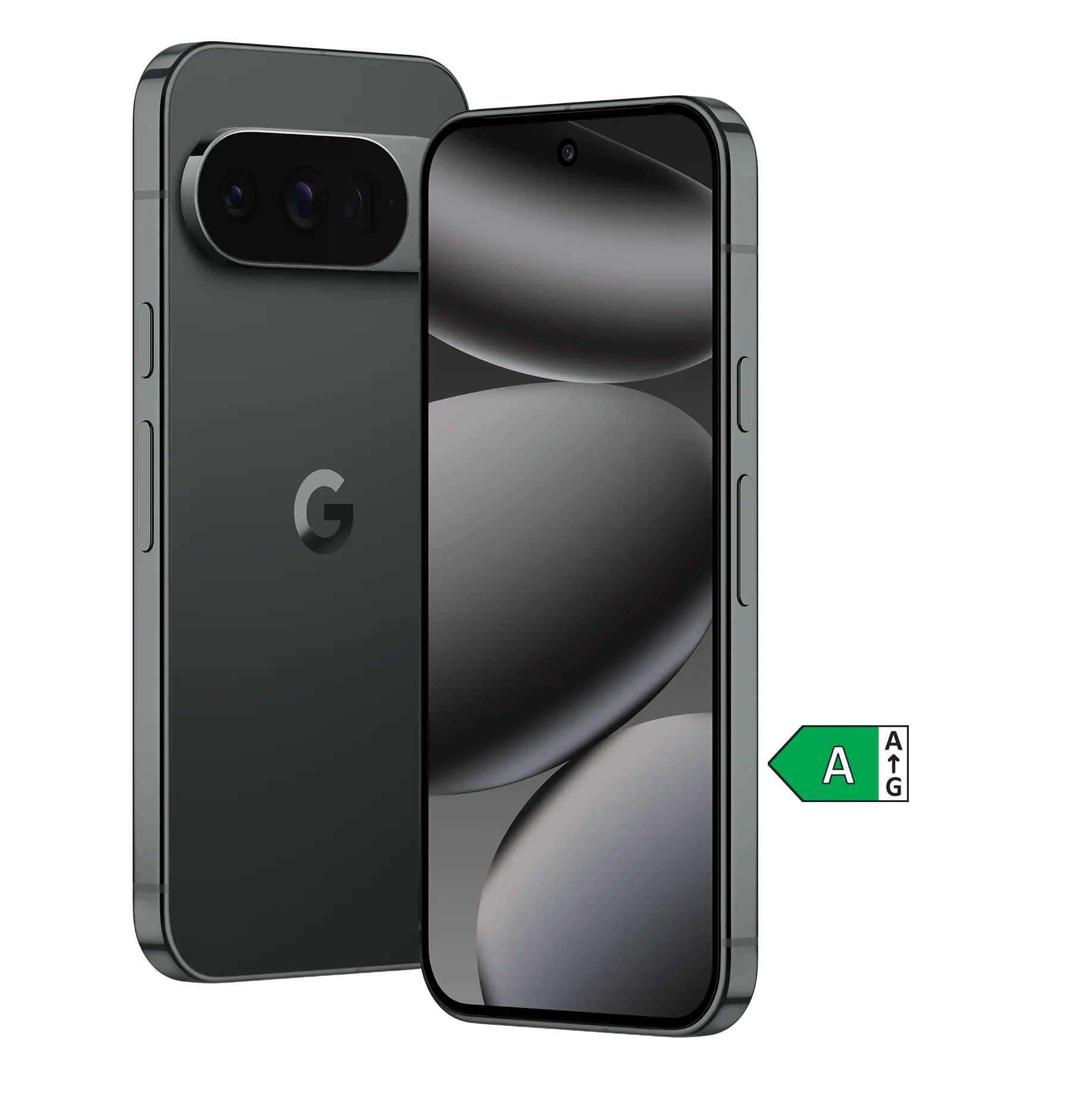 Vorder- und Rückansicht Google Pixel 10 Pro. Energieeffizienzklasse A.