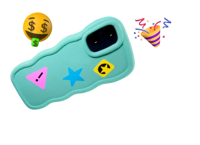 Smartphone in Hülle mit gewelltem Rand und drei Aufklebern (Warnsymbol, blauer Stern, gelbes Symbol); daneben ein Geld-Emoji und ein Party-Popper.