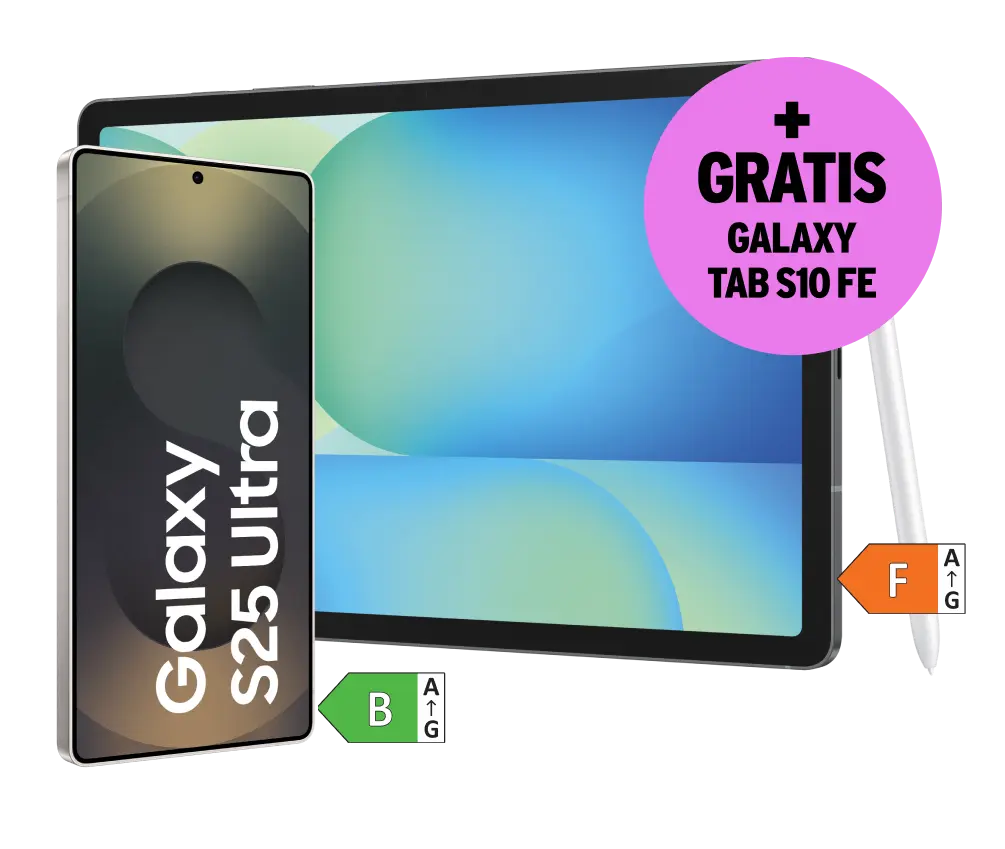 Samsung Galaxy S25 Ultra. Energieeffizienzklasse B. Gratis Galaxy Tab S10 FE. Energieeffizienzklasse F.