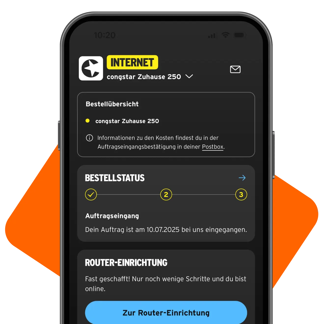 congstar App: Bestellstatus für congstar Zuhause 250 mit Fortschrittsanzeige und Button zur Router-Einrichtung.
