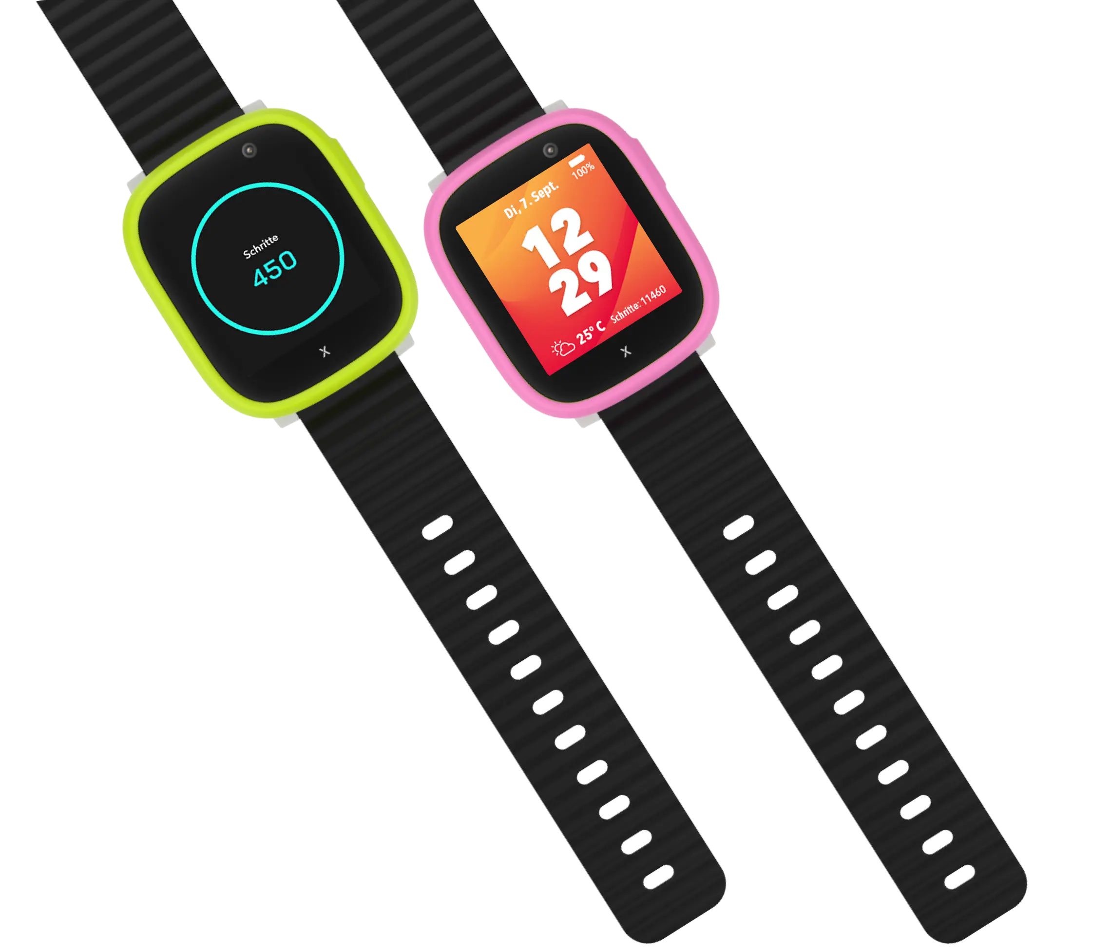 Xplora X6 Play Kids Watch in zwei Farben: Grün mit Schrittzähler-Anzeige und Pink mit Uhrzeit- und Wetteranzeige, jeweils mit schwarzem Armband.