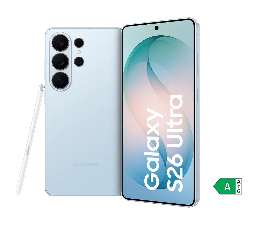 Vorder- und Rückansicht Samsung Galaxy S26 Ultra mit S-Pen. Energieeffizienzklasse A.