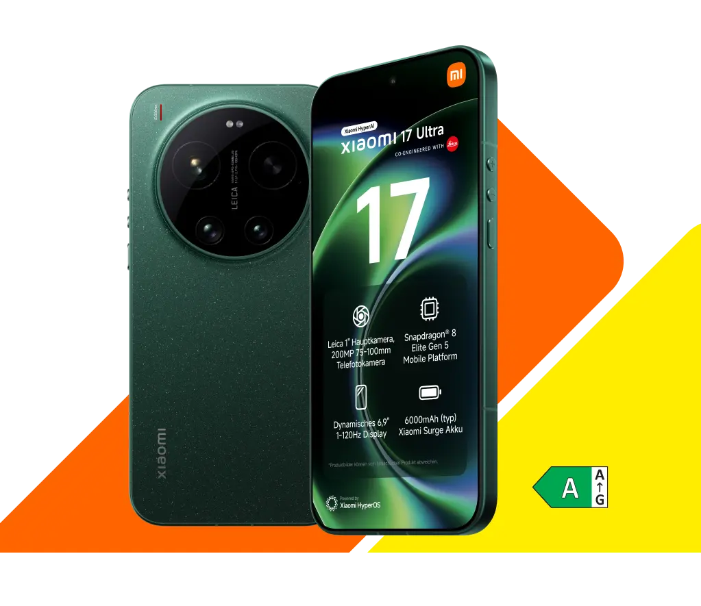 Vorder- und Rückansicht Xiaomi 17 Ultra. Energieeffizienzklasse A.