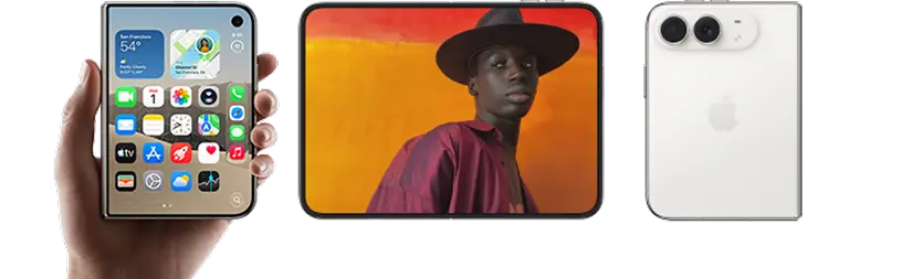 iPhone Duo in drei Ansichten: aufgeklappt in der Hand, aufgeklappt mit Foto auf dem Display und zusammengeklappt von hinten in Weiß.