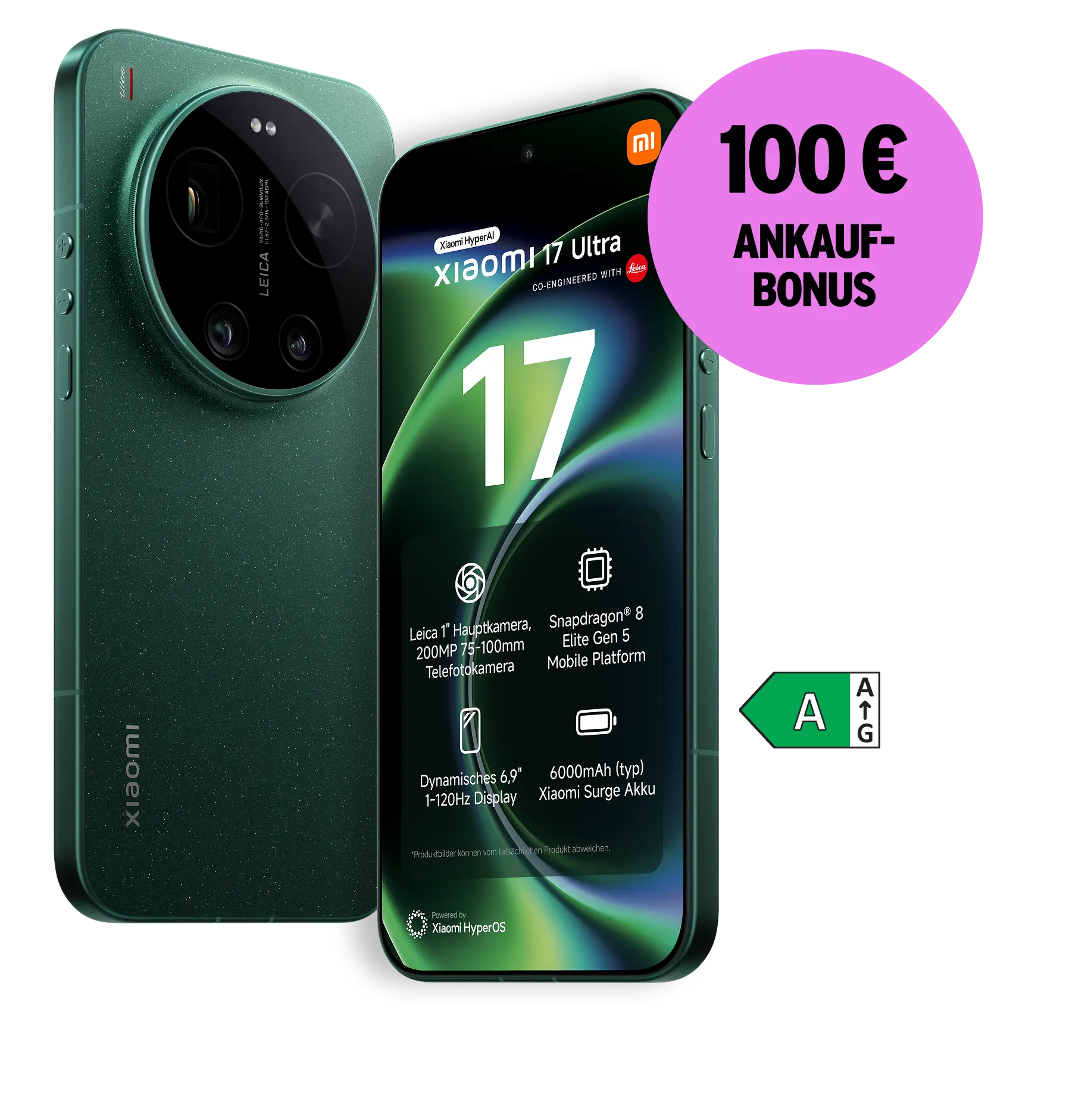 Schräge Vorder- und Rückansicht Xiaomi 17 Ultra Grün. Energieeffizienzklasse A. 100 € Ankaufbonus.