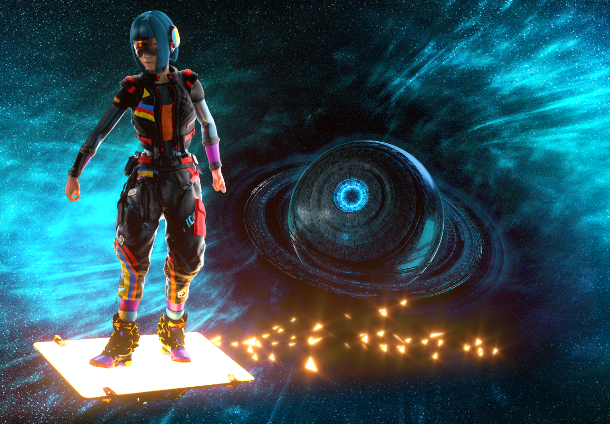 Frau auf Hoverboard surft im Weltraum