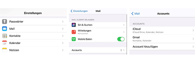 iOS Einstellungen Mail Account