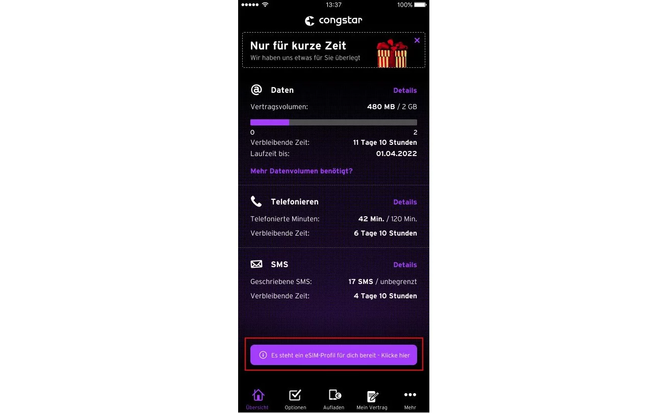 Startbildschirm der congstar App um eSIM einzurichten