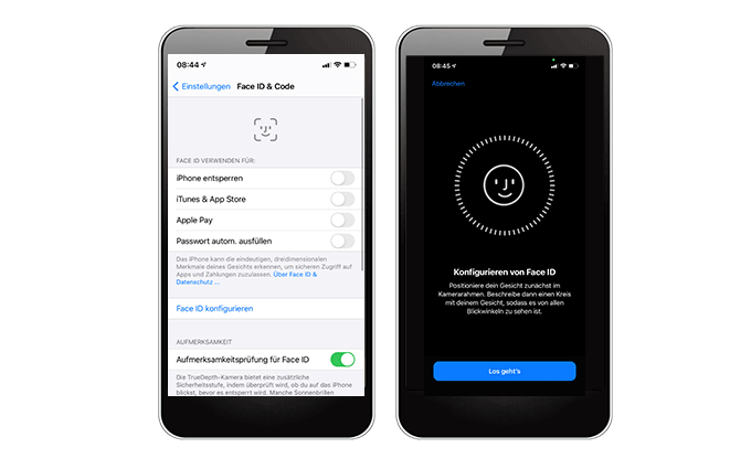 zwei Screenshots von der FaceID Konfiguration auf dem iPhone
