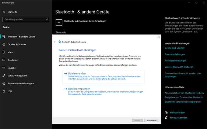 Übersicht Bilder mit Bluetooth übertragen