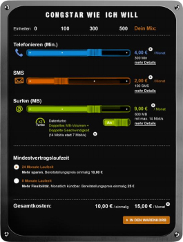 Mit „congstar wie ich will“ stellt sich der Kunde die gewünschten Postpaid Optionen bei AllnetMinuten, SMS und Datenvolumen individuell zusammen. Dazu kann er intuitiv bedienbare Schieberegler in der congstar App und auf der Website nutzen. Das Beisp Mit „congstar wie ich will“ stellt sich der Kunde die gewünschten Postpaid Optionen bei AllnetMinuten, SMS und Datenvolumen individuell zusammen. Dazu kann er intuitiv bedienbare Schieberegler in der congstar App und auf der Website nutzen. Das Beispiel z